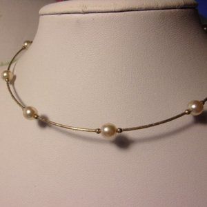 "Sterling Silver Faux Pearl Wrap Choker Necklace "